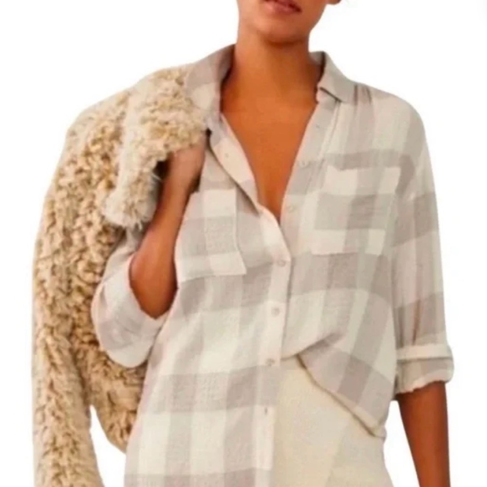 Pilcro Beige and White Plaid Blouse